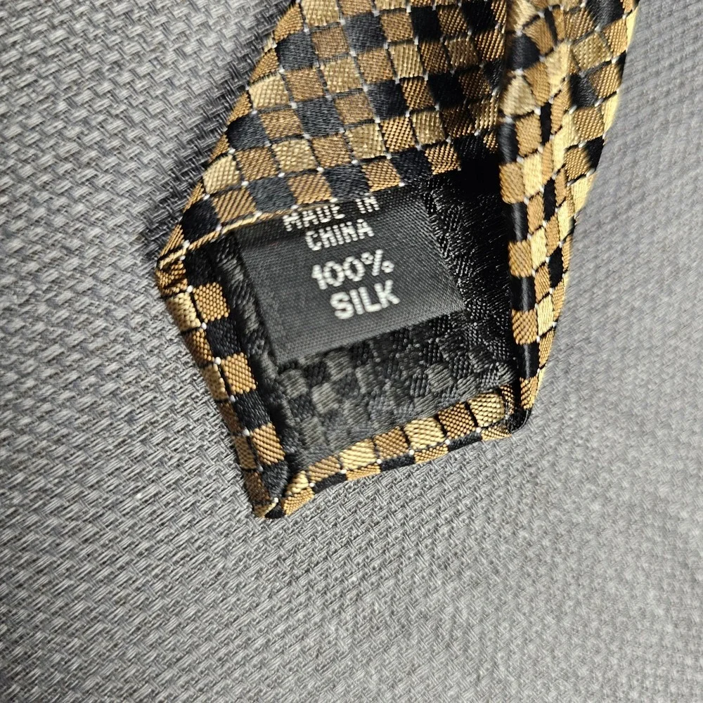 Sean John Mens Silk Necktie Gold Black Geometric Diamond‎ Pattern Woven Tie